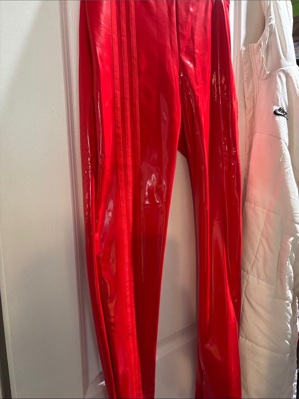 adidas Red Patent Shine Leggings with Signature Stripes
